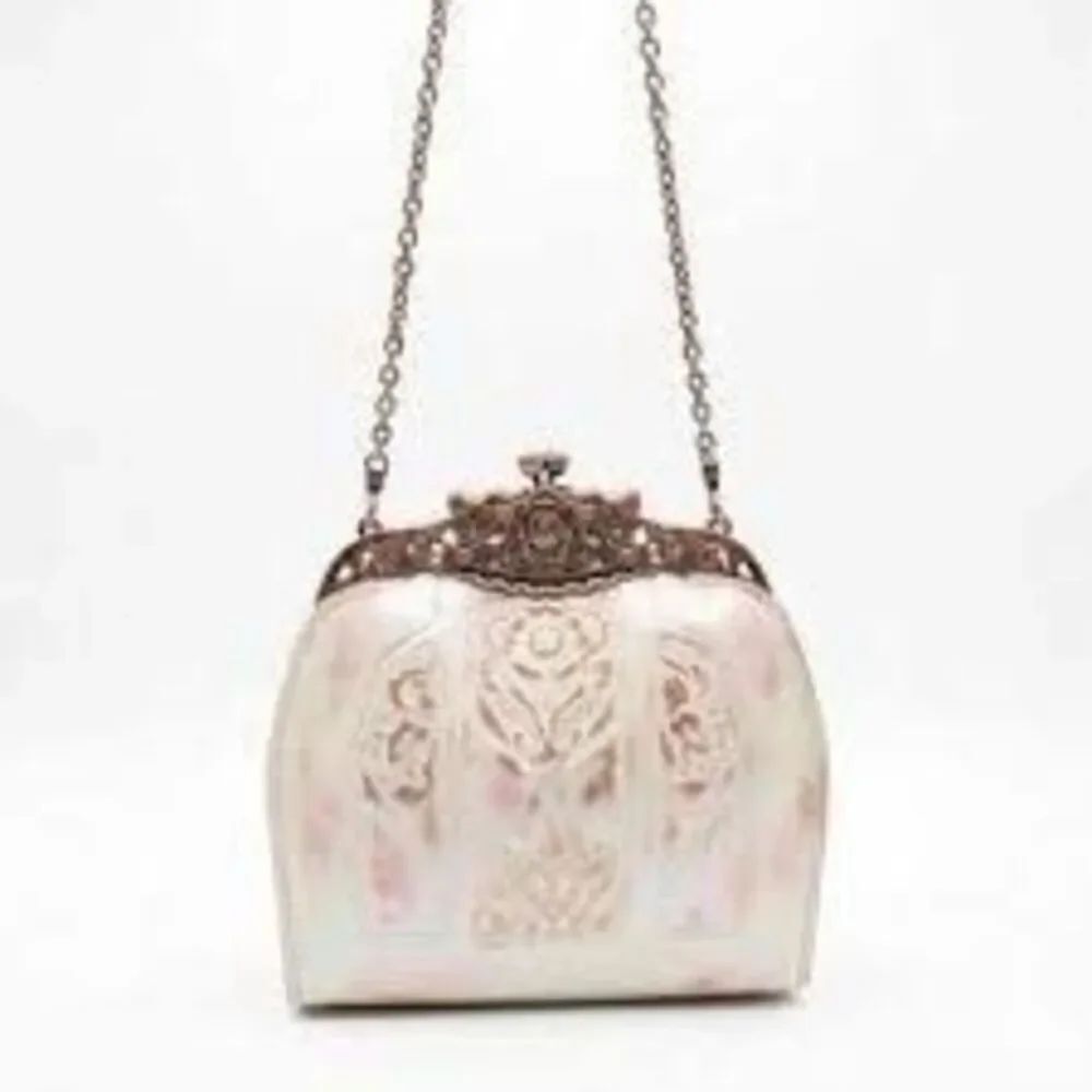 Patricia Nash Rosaria Tooled Leather Kiss Lock Bag Metallic White Pink Ren Faire